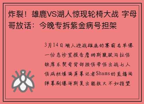 炸裂！雄鹿VS湖人惊现轮椅大战 字母哥放话：今晚专拆紫金病号担架