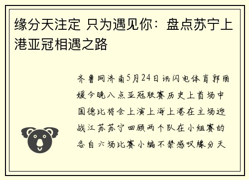 缘分天注定 只为遇见你：盘点苏宁上港亚冠相遇之路